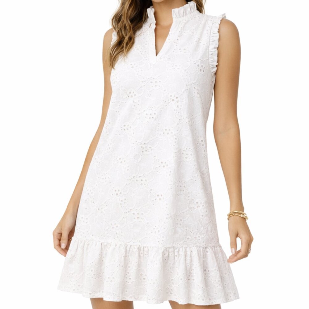 Michael Kors Petite White Eyelet Ruffle Hem Mini Dress Resort M